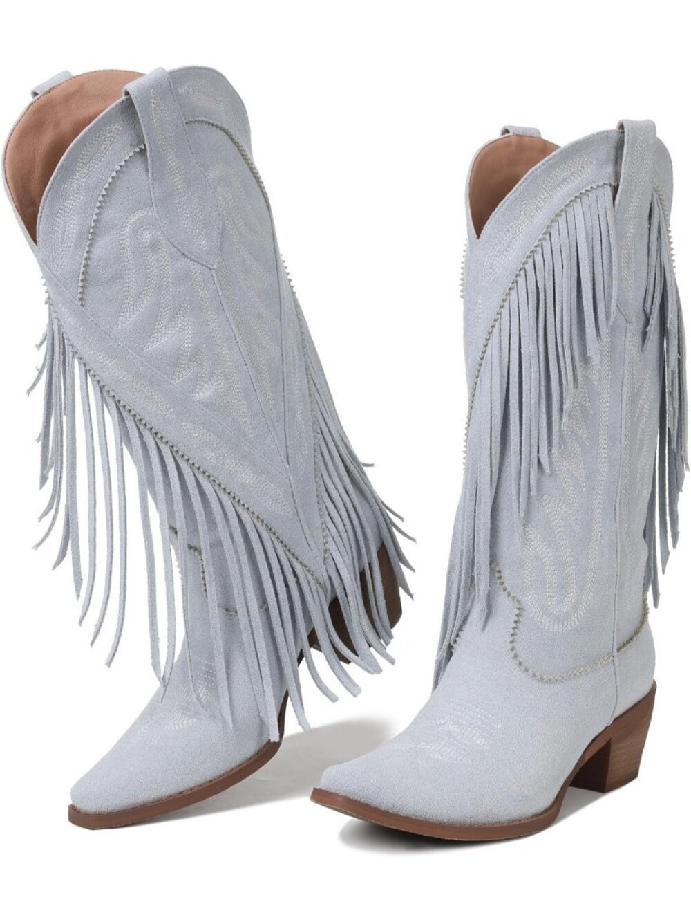 Women's Sky Blue Suede Toe Pull On Block Chunky Heel Embroider Cowgirl Boot